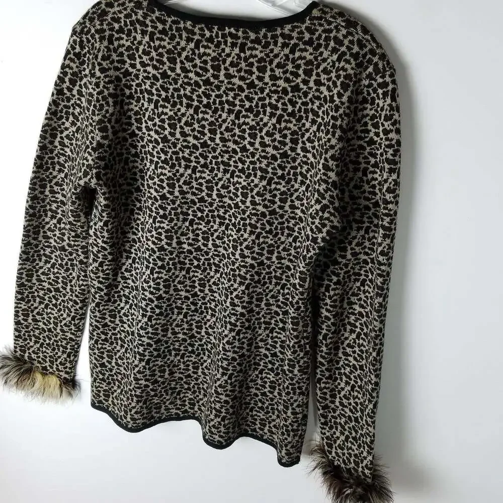 Chico’s Women's Leopard Print Feather Cuffs Pullover Linen Blend Sweater